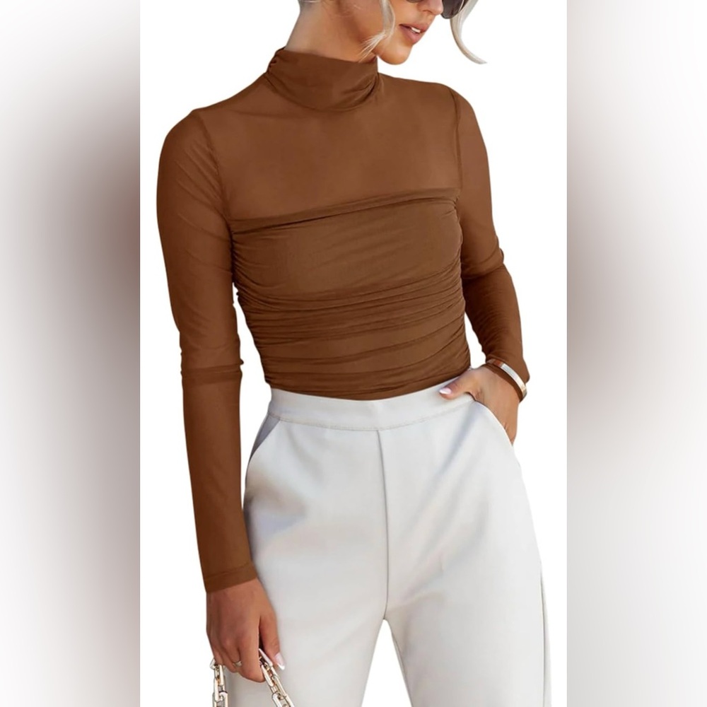 Long Sleeve Brown Turtleneck Ruched Women's Top